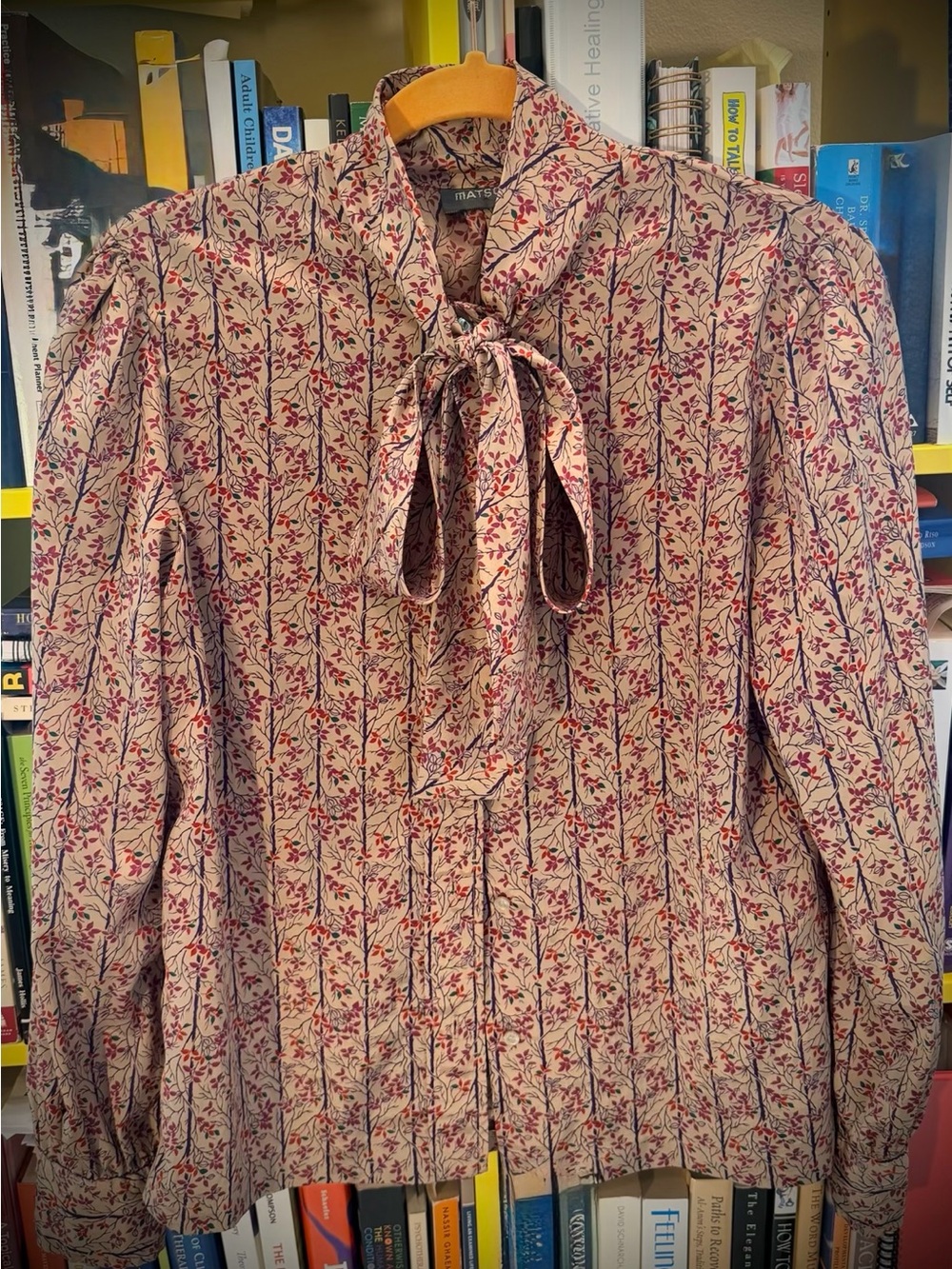 Matson Floral Tie-Neck Blouse in Tan, Pink and Purple